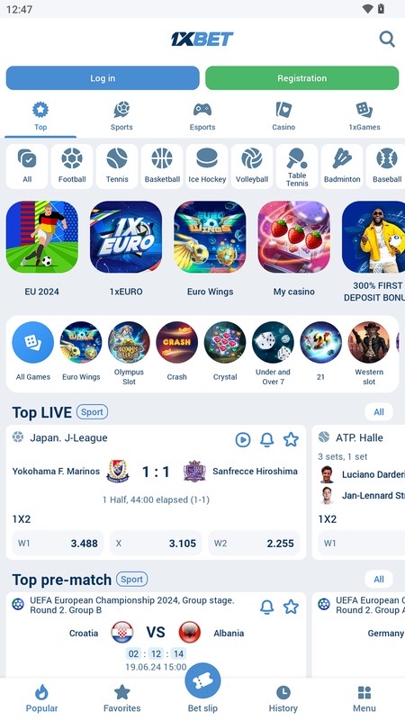1xBet : accueil avec sports, casino et matchs en direct